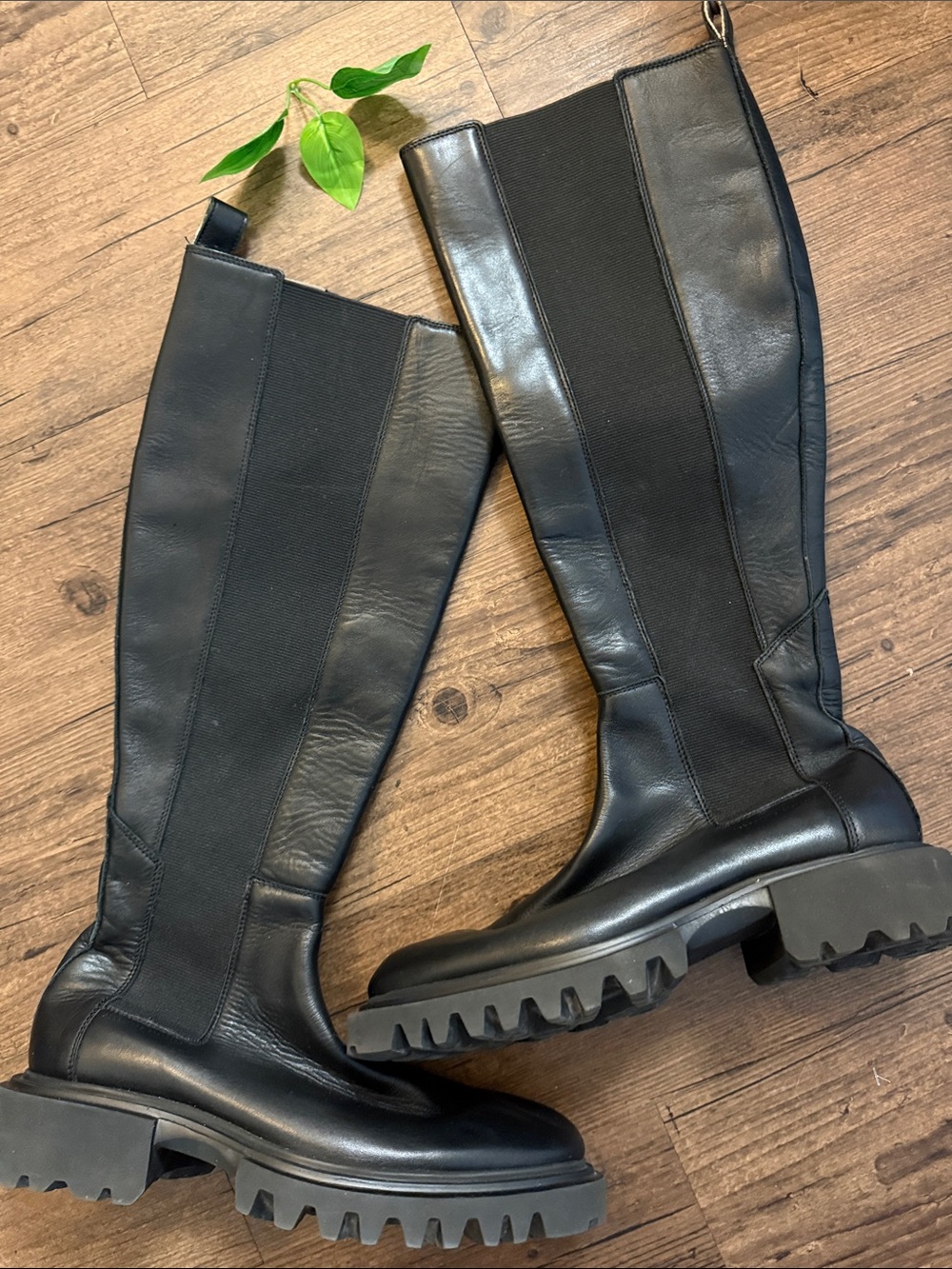 AllSaints' Maeva Women's Black Knee-High Genuine Leather Chunky Lug Sole Boots🔥